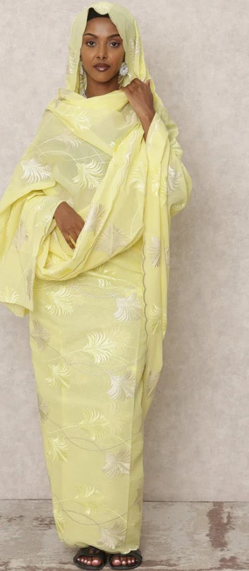 Lemon Yellow Traditional Sudanese Thobe with 4.5 Mtrs Pure Cotton Voile Embroidery Fabric, Width 140 Cms, Made in India-D24481