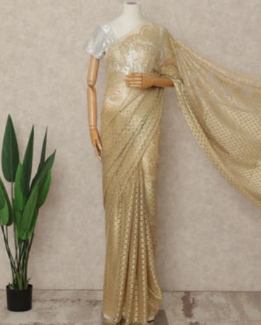 Gold Floral Premium French Metallic Chantilly Lace Saree Lightweight 110cm Width Luxurious Finish French Origin - D29553