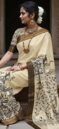 Cream Bangalore Silk Pen Kalamkari Saree with Handpainted Mythological Patterns, Width 110 Cms, Origin: Sri Kalahasthi, India, 5.5 Mtrs with Blouse Piece-D22837